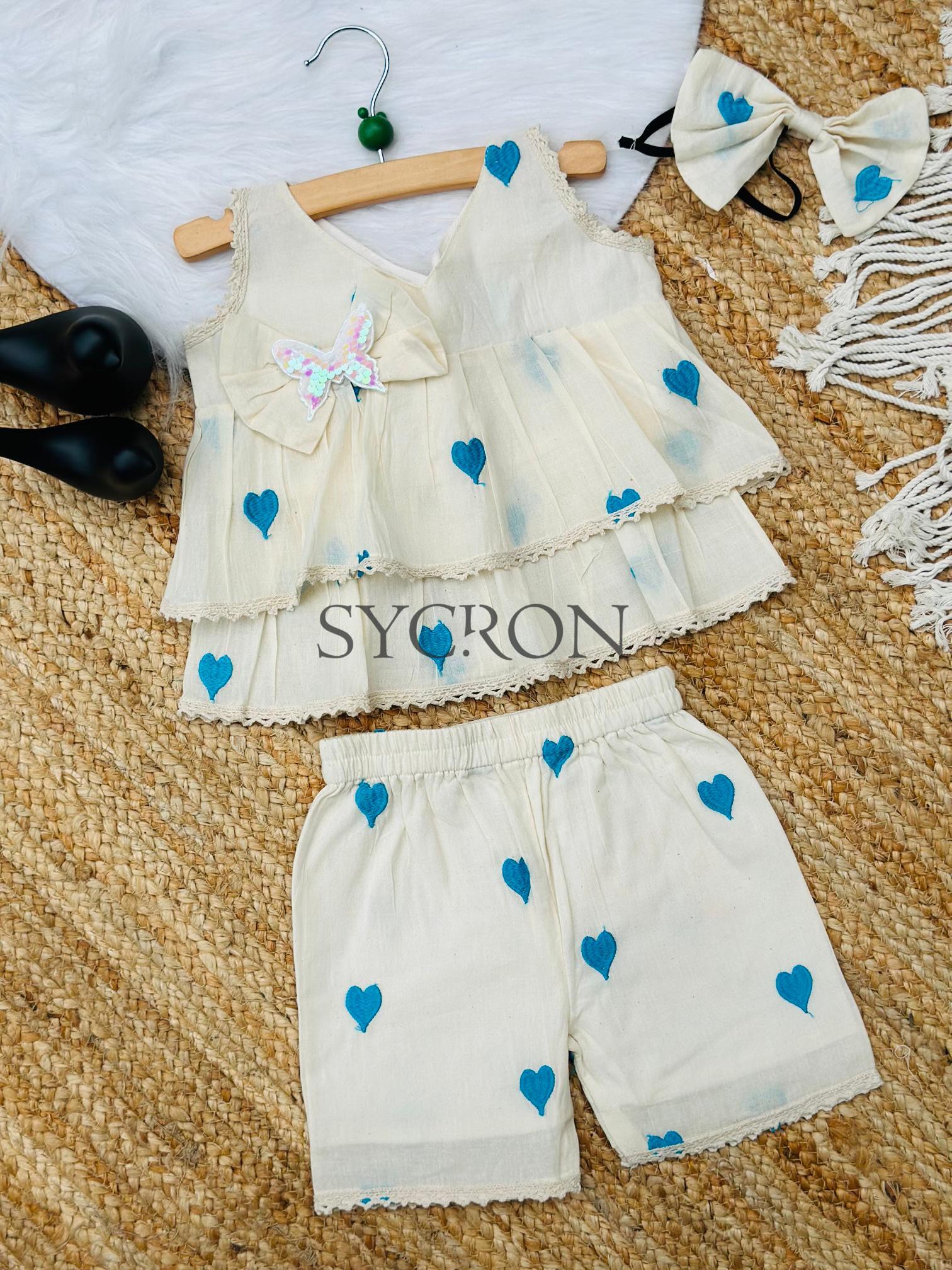 Adorable Premium Cotton Heart Embroidered Kids Cord Set