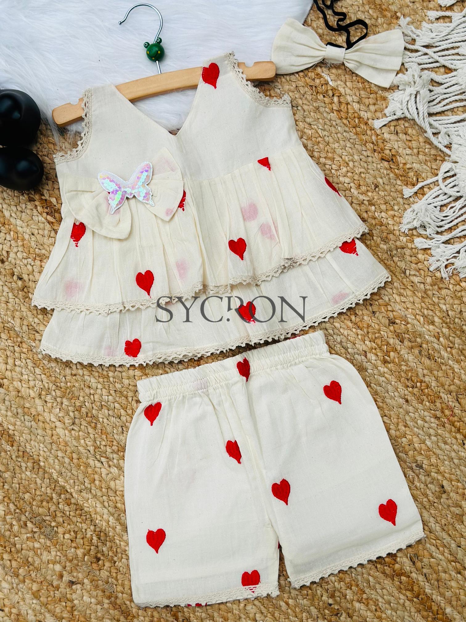Adorable Premium Cotton Heart Embroidered Kids Cord Set