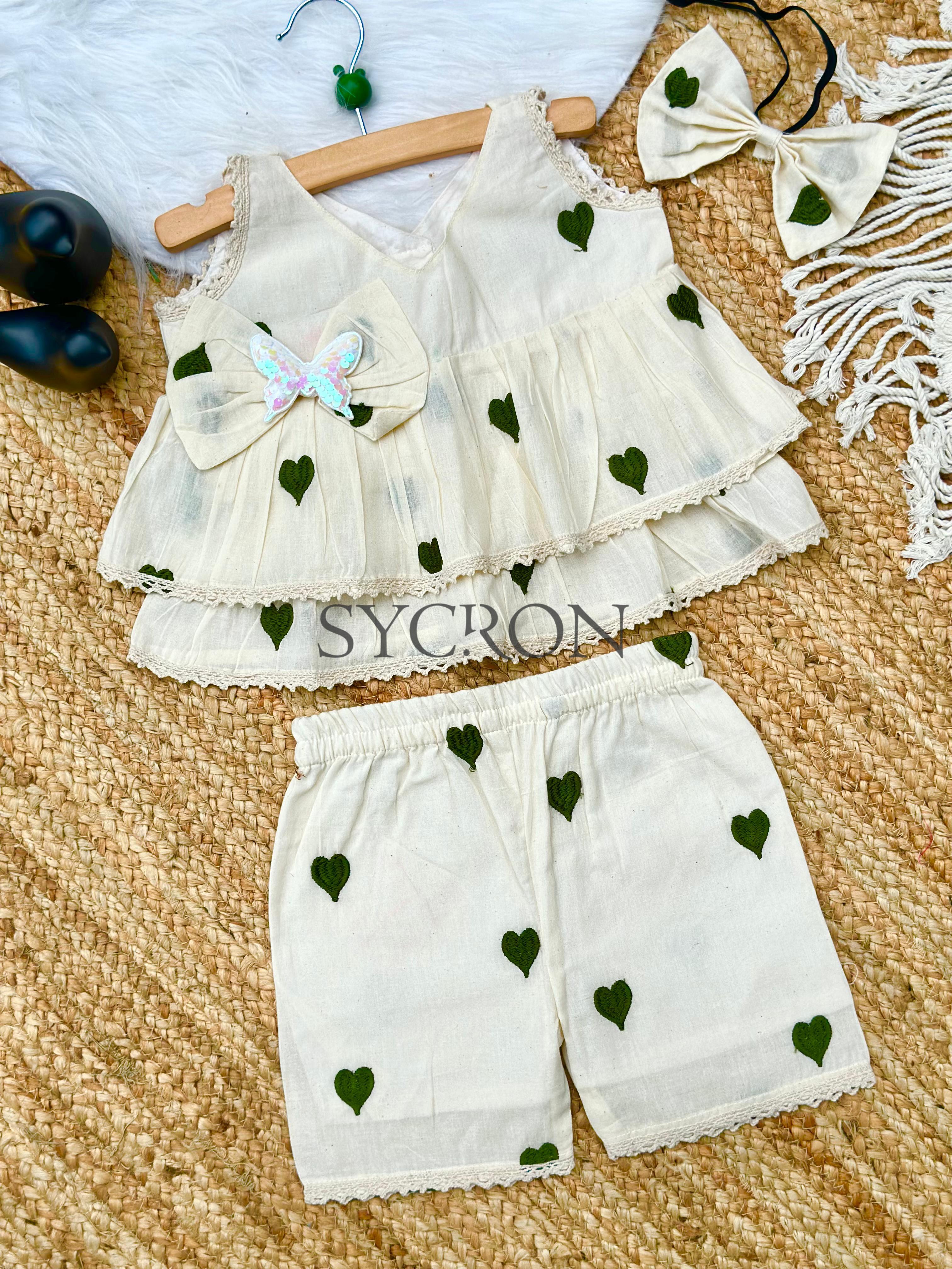 Adorable Premium Cotton Heart Embroidered Kids Cord Set