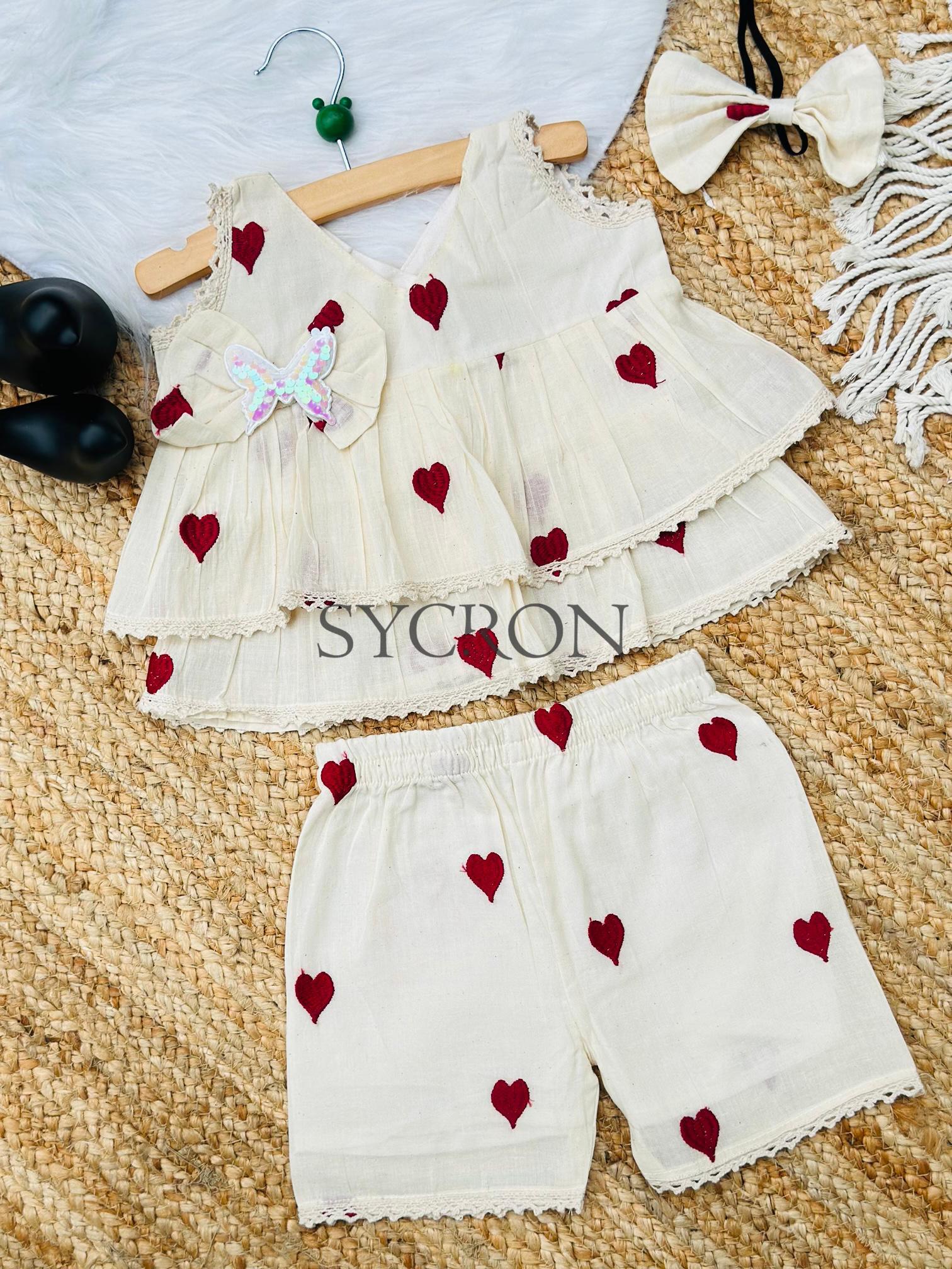 Adorable Premium Cotton Heart Embroidered Kids Cord Set