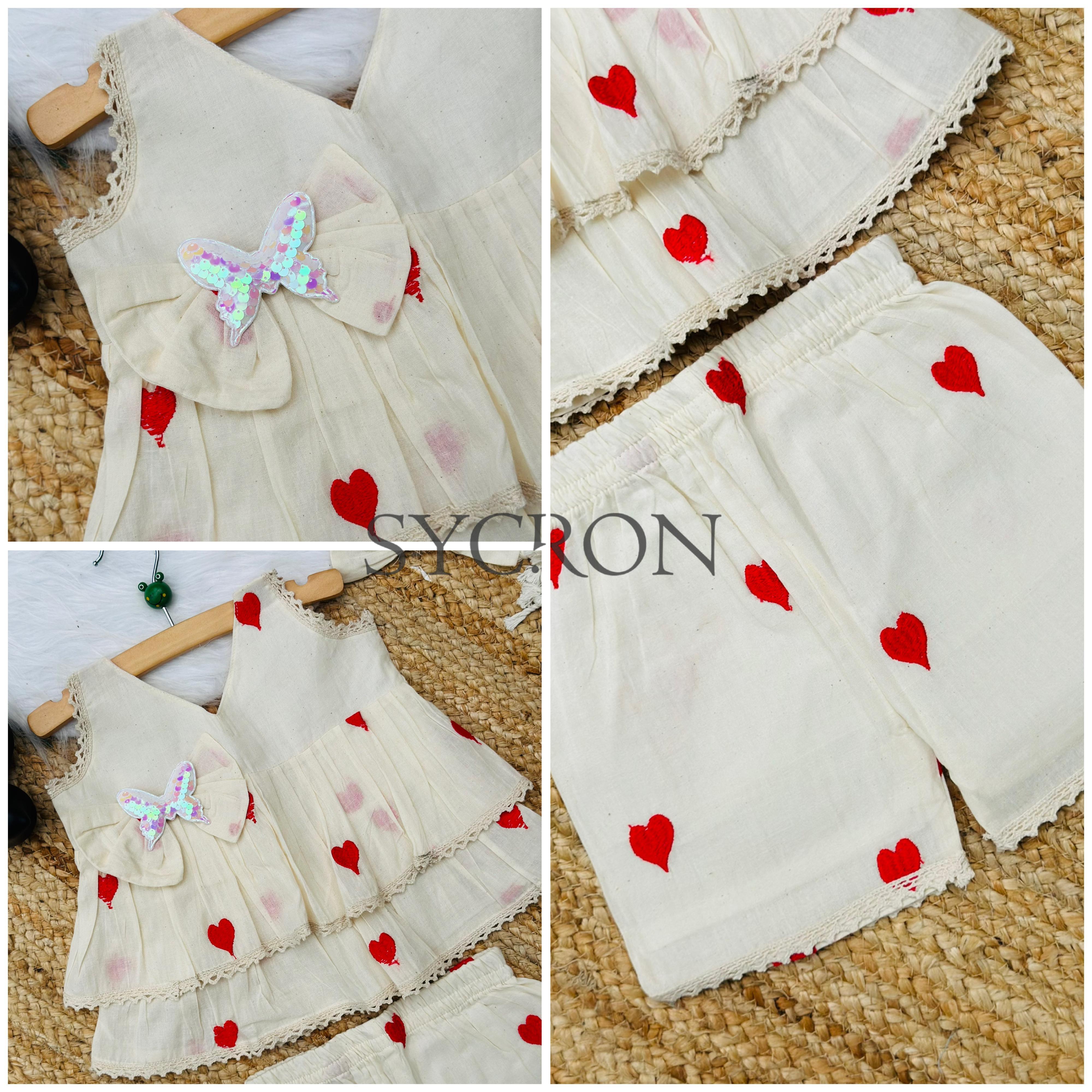 Adorable Premium Cotton Heart Embroidered Kids Cord Set