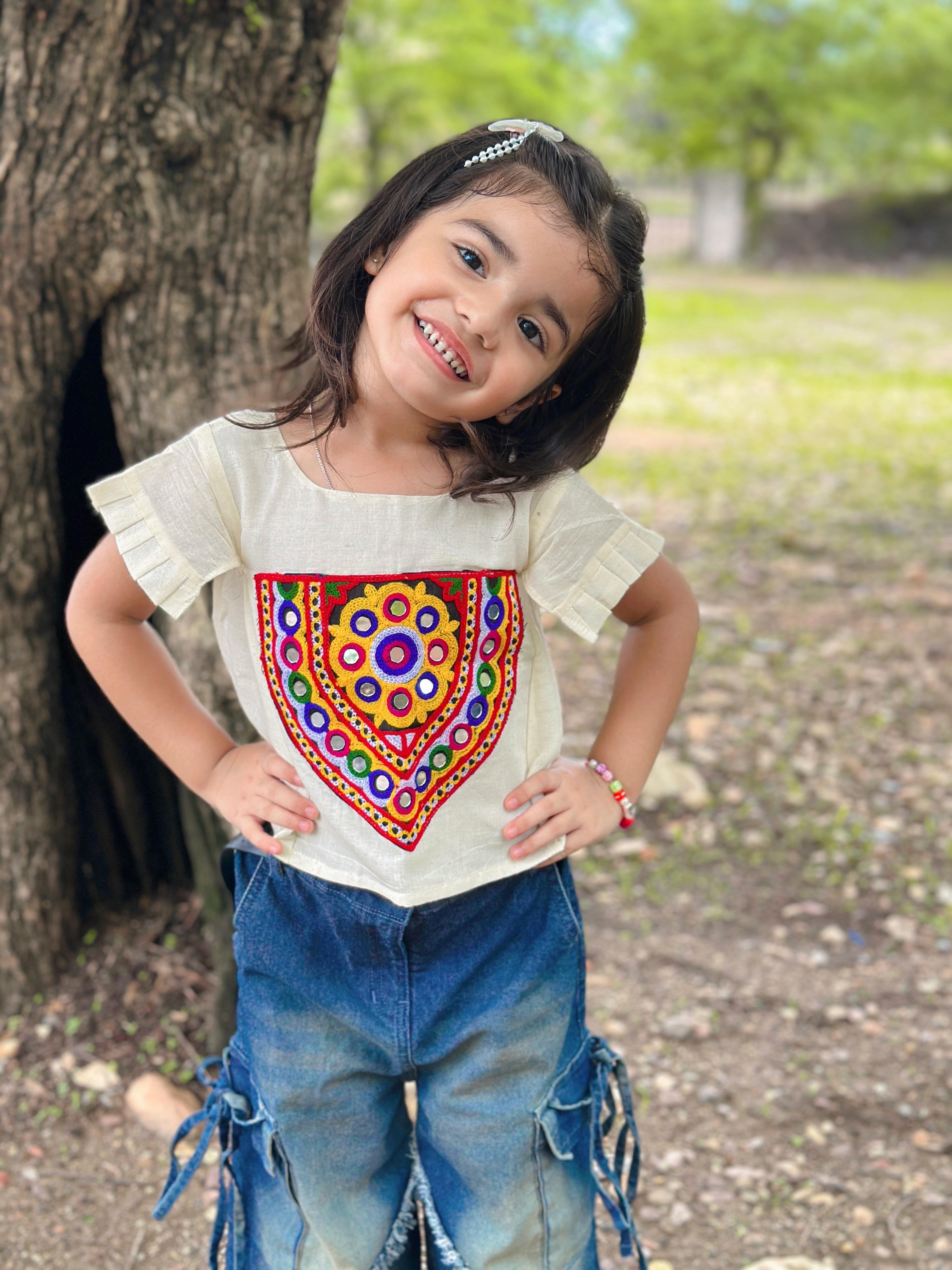 Navratri Special Ethinic Mirror Work Cotton Fabric Kids Top