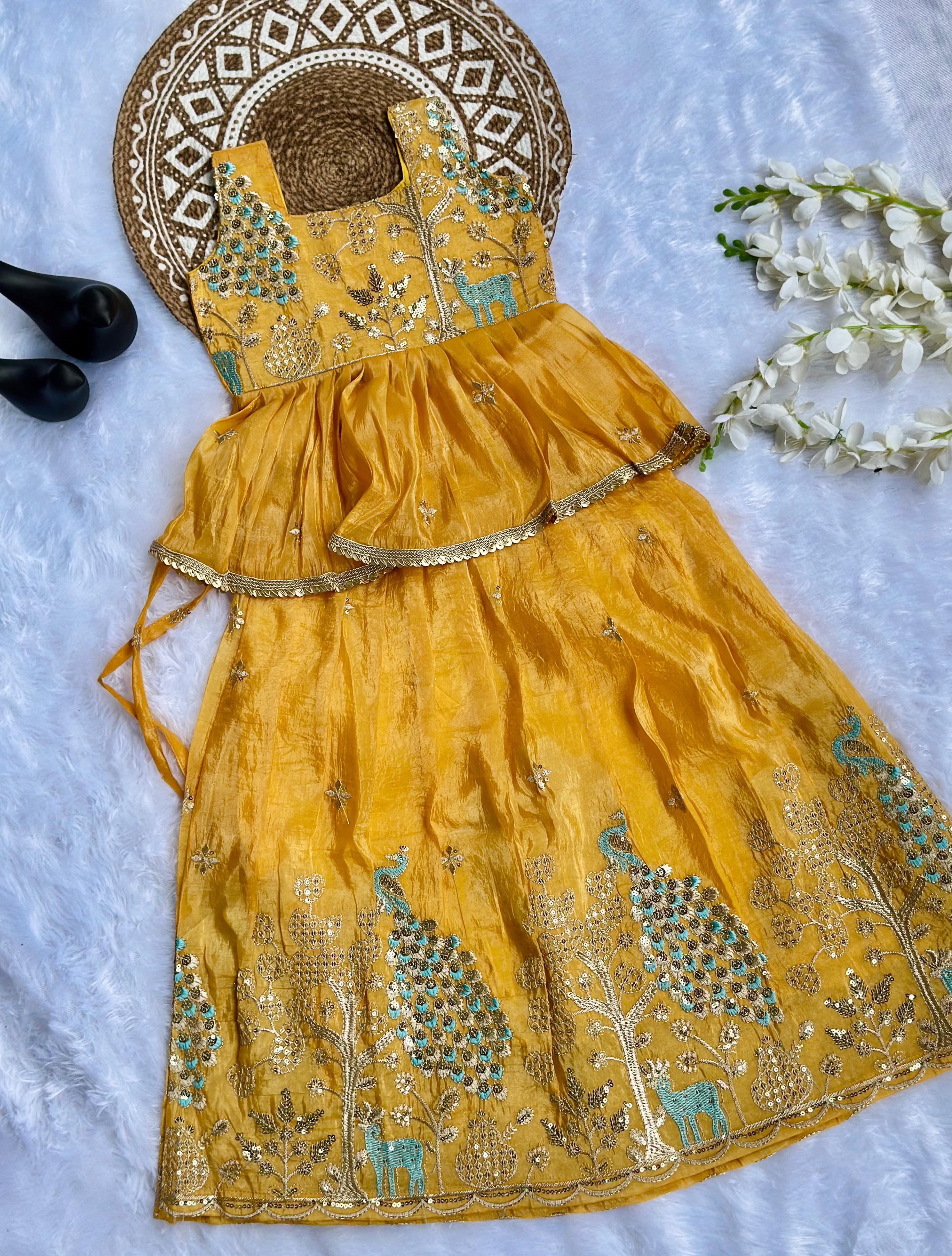 Effortless Embroidery Work Pure Gold crush Lehengha and Top for Kids