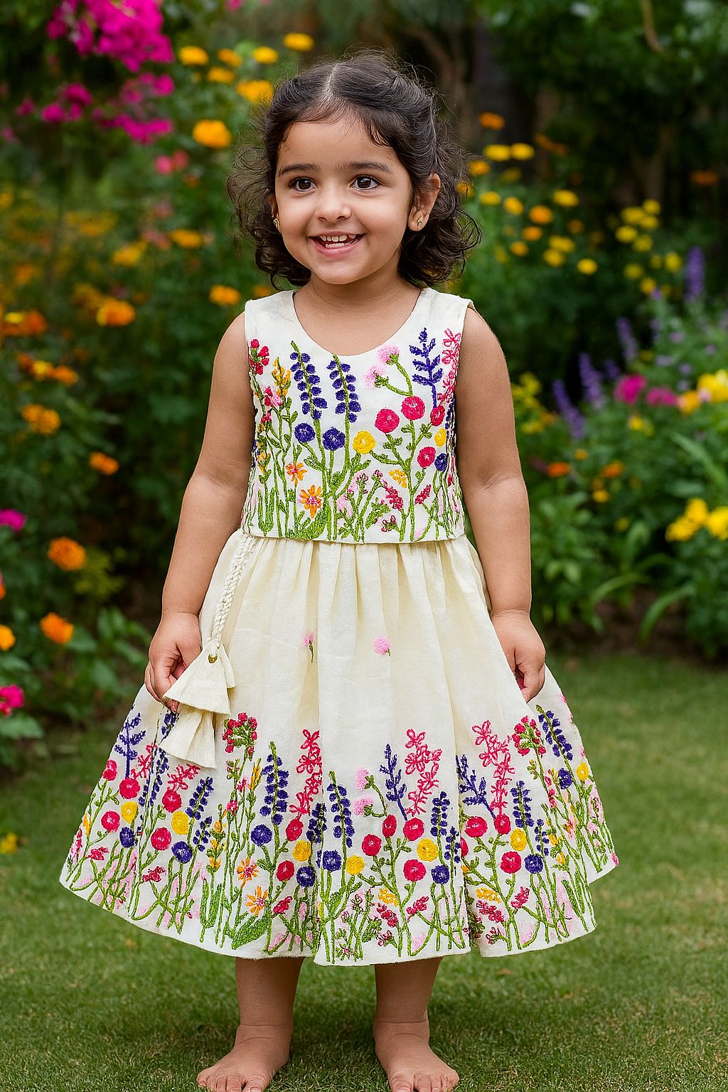 Innovative Flower Work Pure Kora Cotton Lehengha and Top for Kids