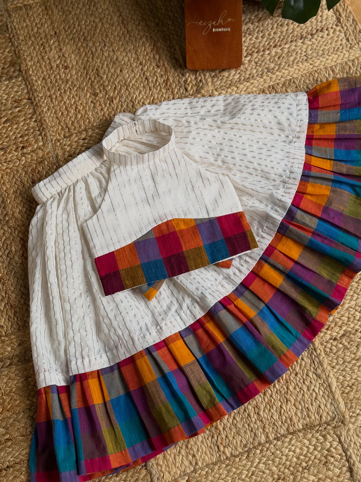 Girls Off-White & Multicolored Checks Cotton Halter Neck Lehenga Choli Set