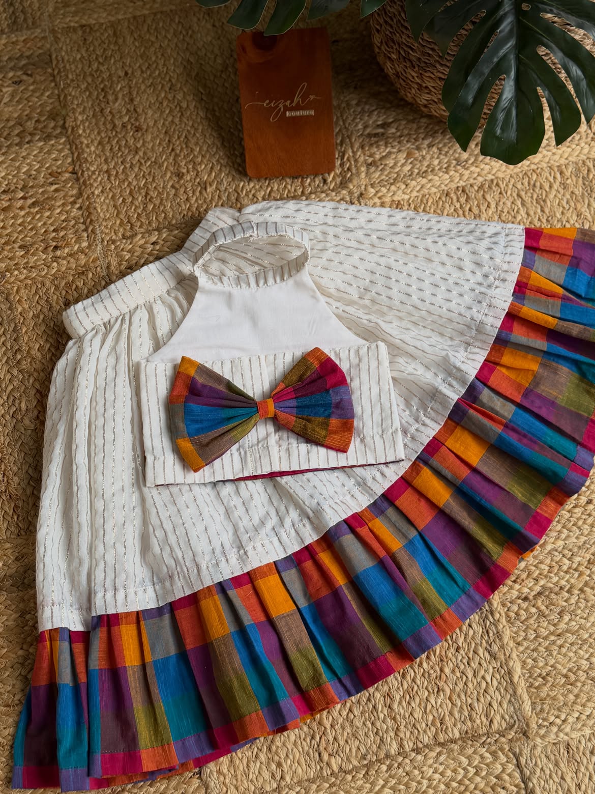 Girls Off-White & Multicolored Checks Cotton Halter Neck Lehenga Choli Set