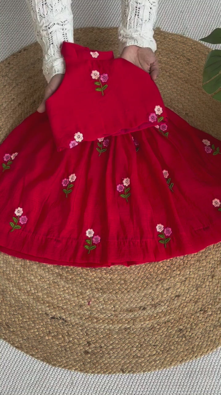 Girls' Red Lehenga Choli with Intricate Floral Embroidery