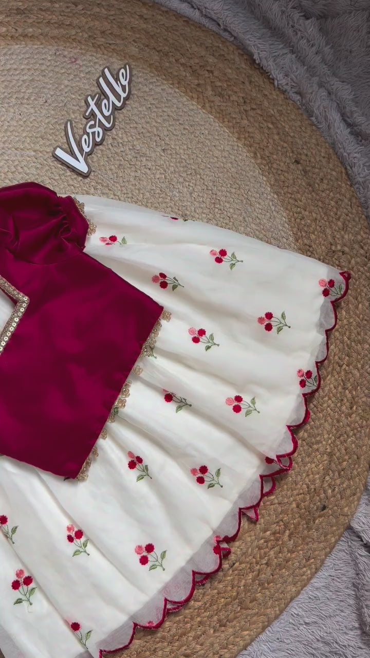 Floral Pattu Pavadai Set – Maroon Puff Sleeve Choli & White Lehenga