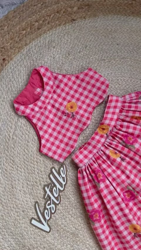 Girls Gingham Check Crop Top with Floral Printed Skirt Set