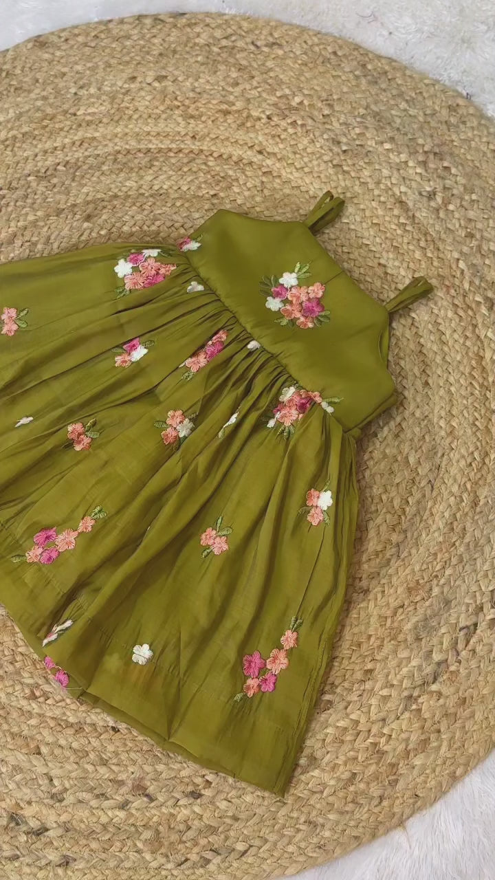 Green Floral Embroidery Mal Chanderi Silk Party Wear Frock by Sycron Fashion