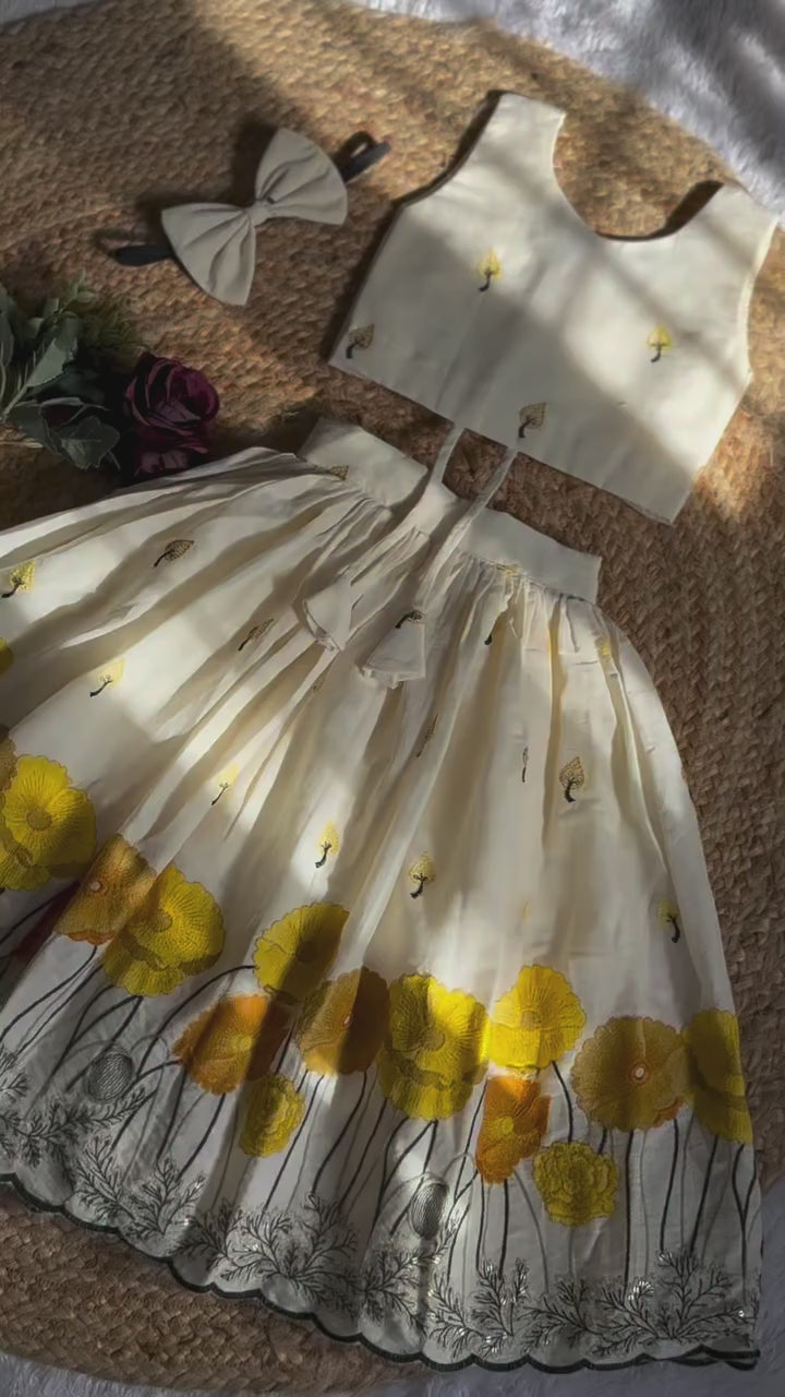 Girls Off-White Floral Embroidered Festive Lehenga Choli with Hairband