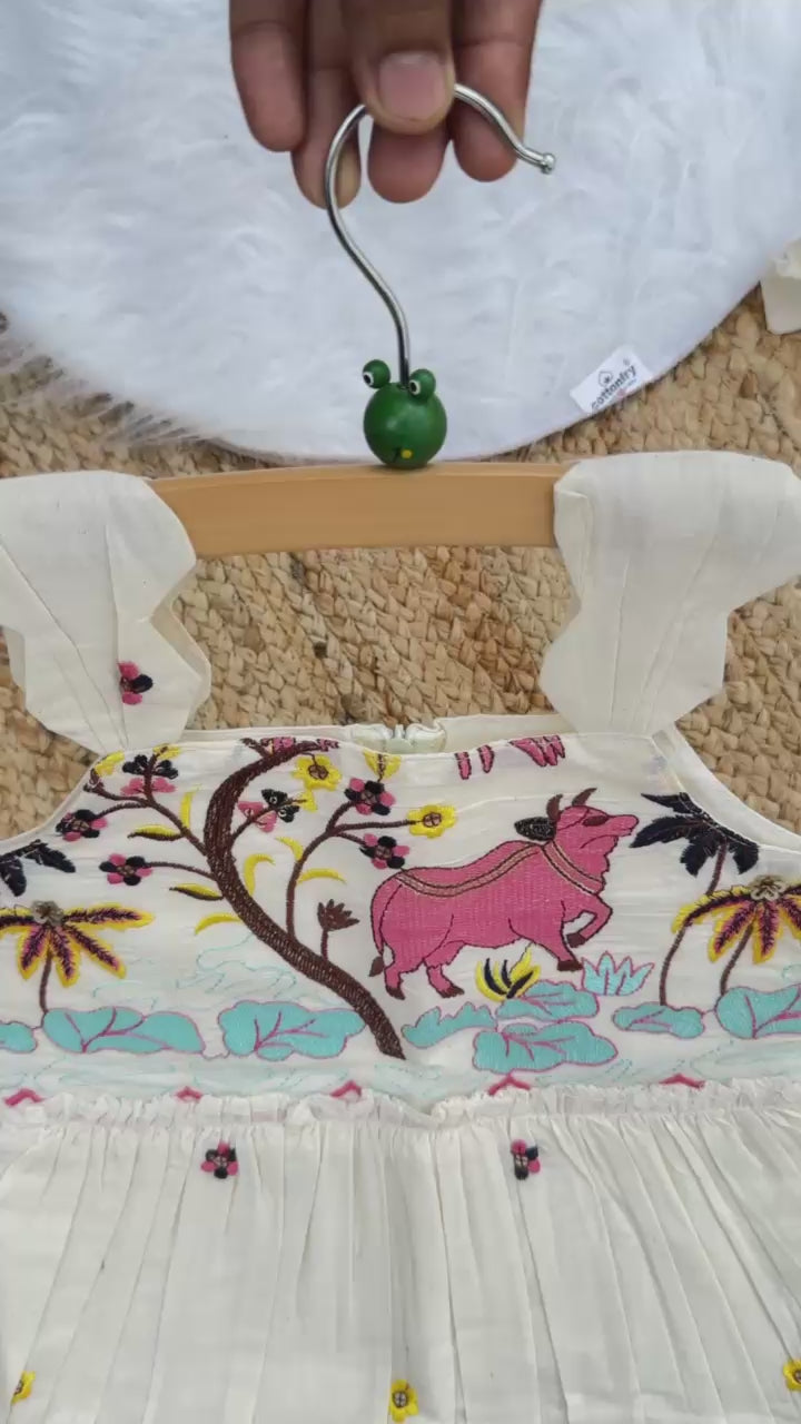 Vibrant Luxury Embroidery Work on Khadi Cotton Fabric Kids Frock