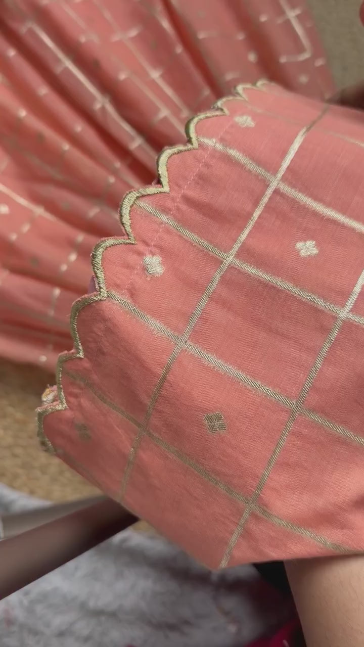 Peach Zari Check Halter Neck Lehenga Choli Set