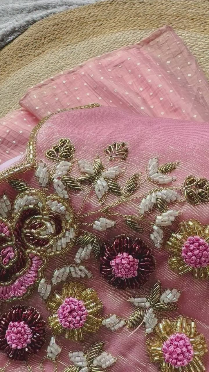 Pink Chanderi Silk Handwork Crop Top with Shimmer Lehenga Set for Girls