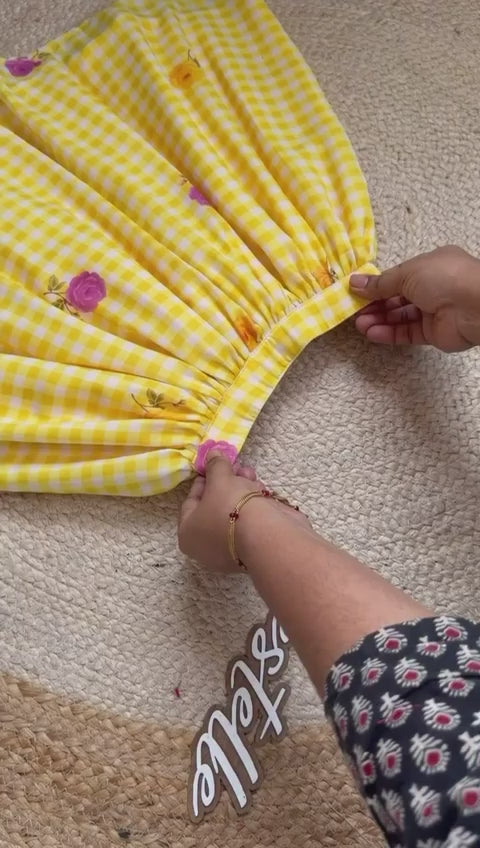 Girls Gingham Check Crop Top with Floral Printed Skirt Set