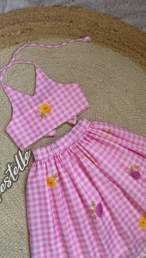 Girls Gingham Check Crop Top with Floral Printed Skirt Set