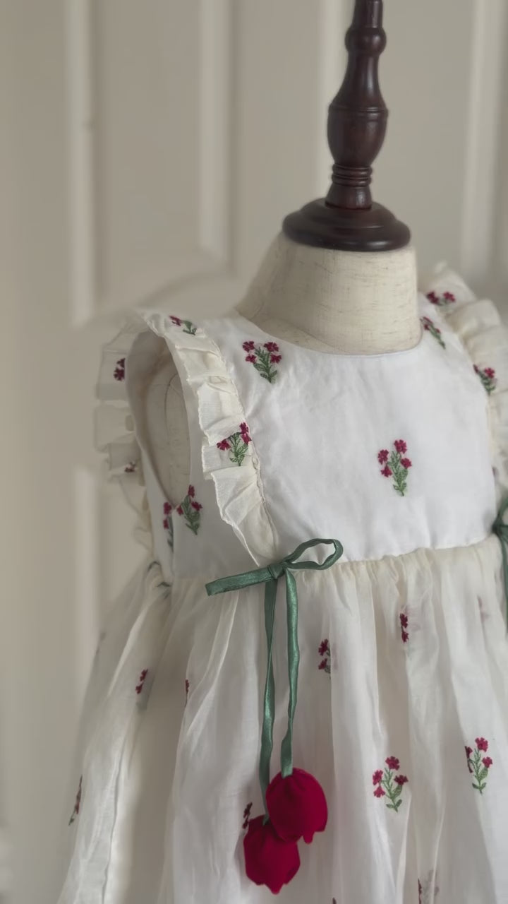 Premium White Chanderi Silk Floral Embroidered Girls Frock with Ruffle Sleeves