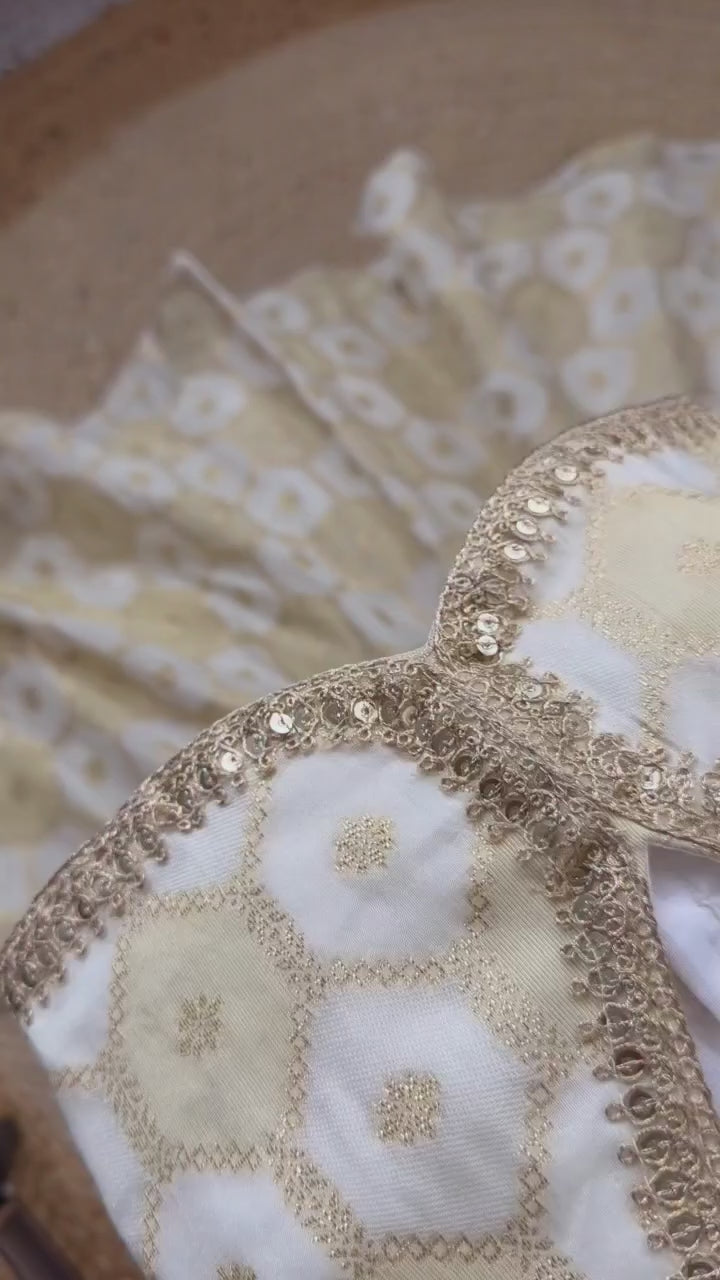 Girls White & Gold Geometric Print Lehenga Choli Set with Sequin Border