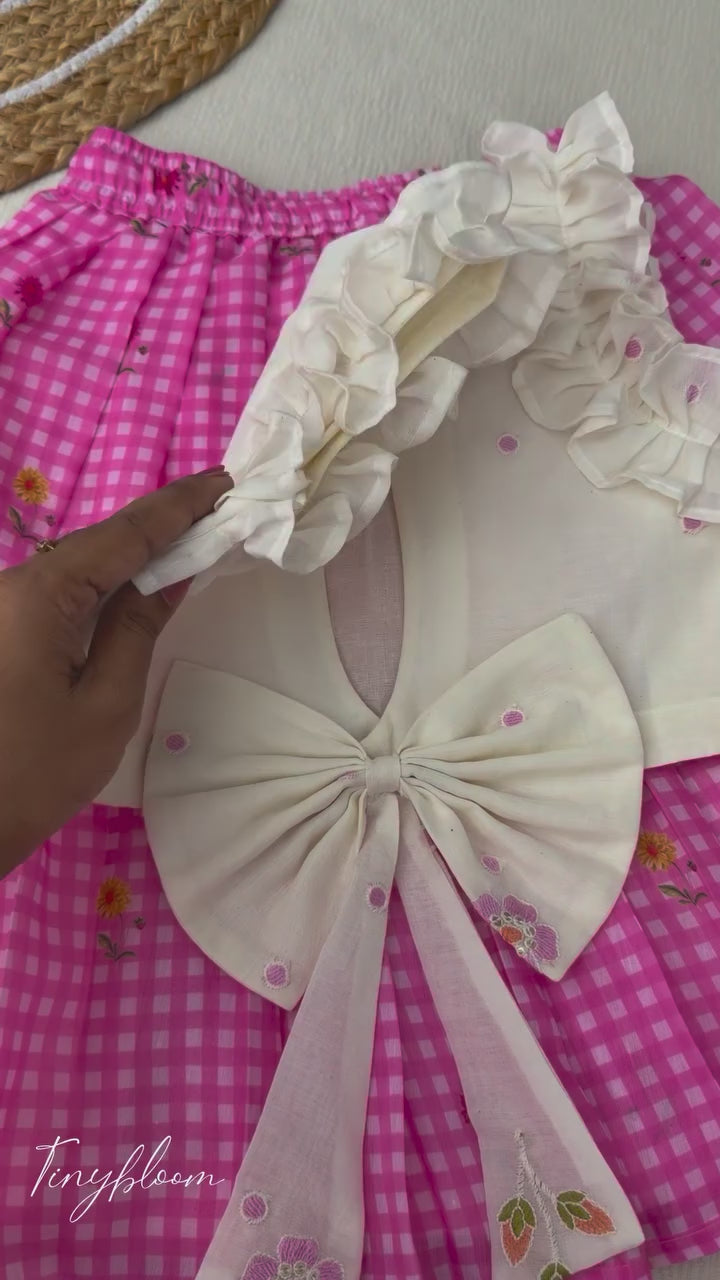 Premium Cotton Pink Checks Lehenga Choli with Ruffled Sleeves and Statement Back Bow