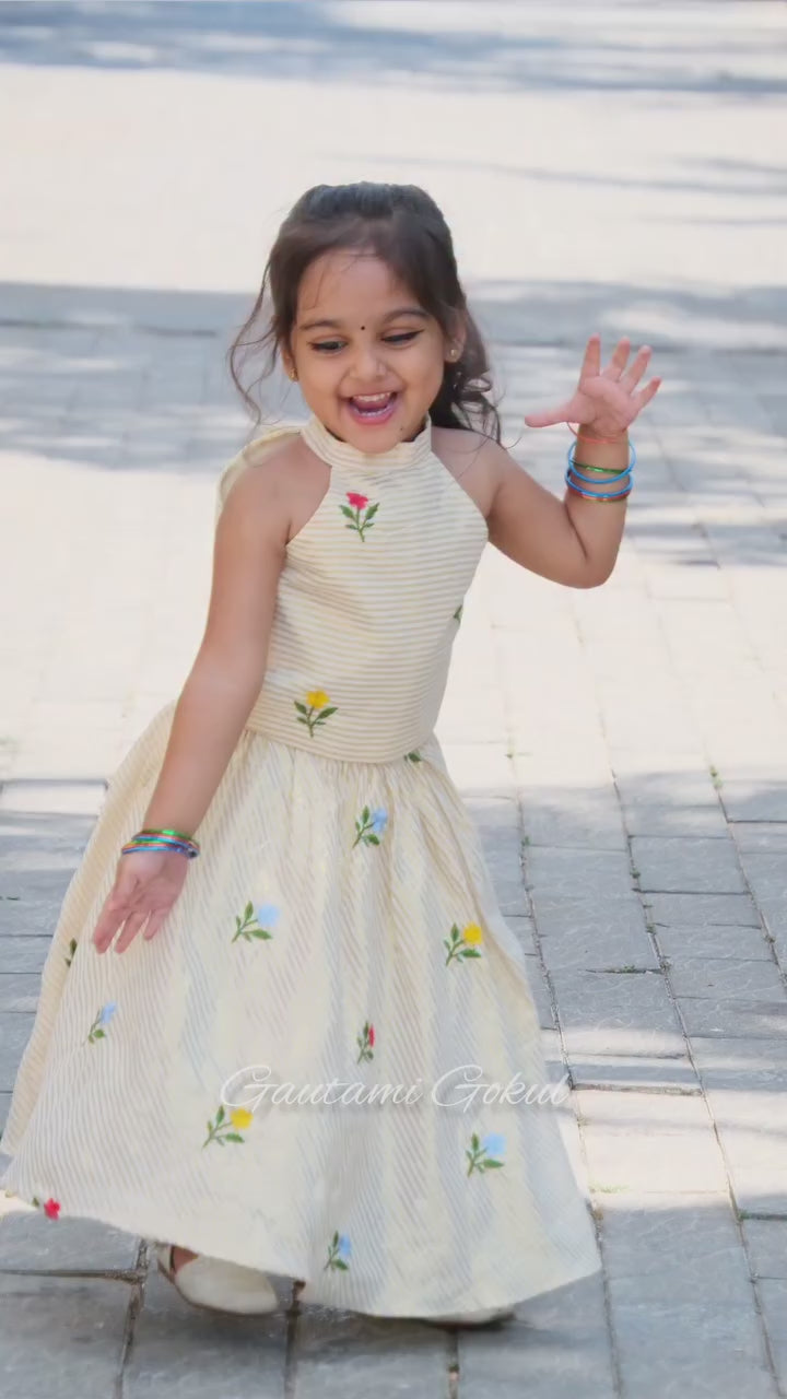 Girls Cream Cotton Silk Halter Neck Top with Lehengha Set