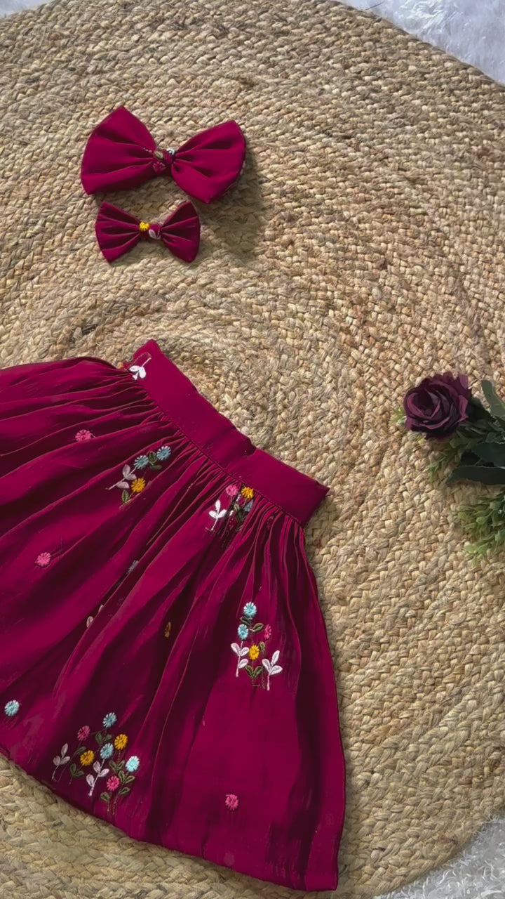 Maroon Floral Embroidered Crop Top & Pleated Skirt Set