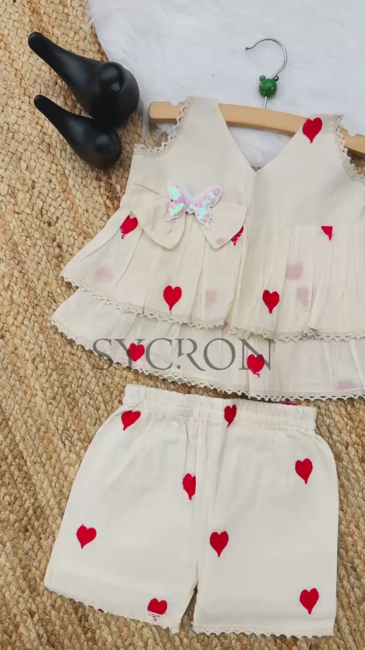 Adorable Premium Cotton Heart Embroidered Kids Cord Set